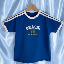 Gothic Emo Girl Crop Top Streetwear Aesthetic Grunge Tee Vintage Women Blue Brazil Letter Print Short Sleeve T-shirt Y2k Clothes