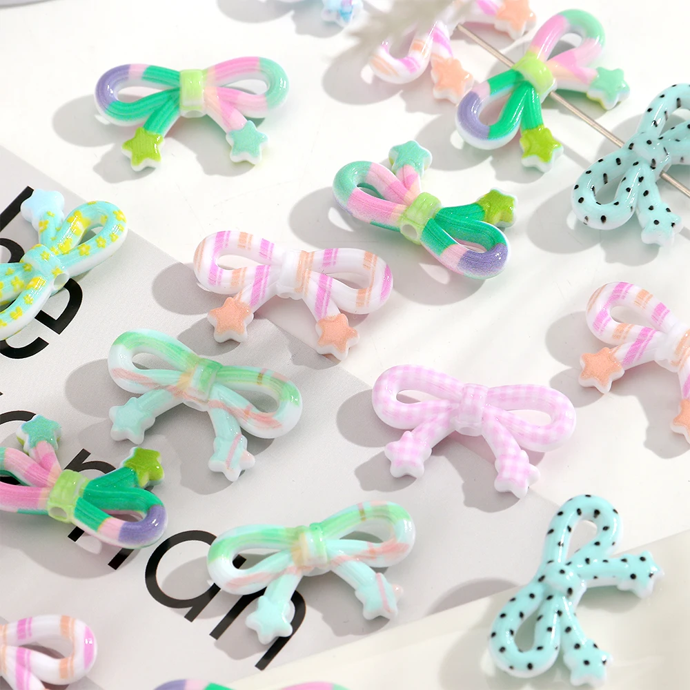 10pcs 20x34mm Acrylic Striped Polka Dot Star Bow Loose Spacer Beads Charms For DIY Crafts Keychains Headwear Jewelry Accessories image 3