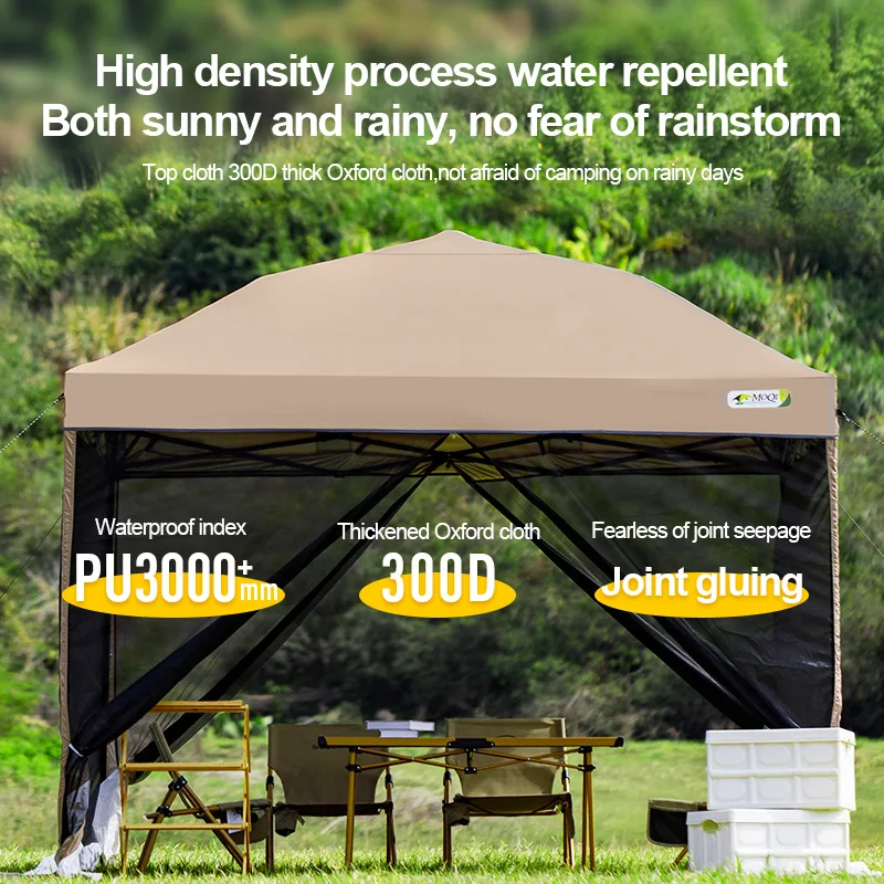 Outdoor pop-up awning, beach camping instant canopy, pavilion tent with side wall 10x10 feet  khaki sunscreen rainstorm proof