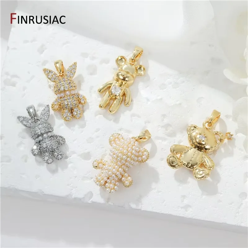 FINRUSIAC 14K Gold Plated Luxury Zircon Bear Charms For Jewelry Making, Cute Pearl Bear Pendants Handmade Crafts Accessories