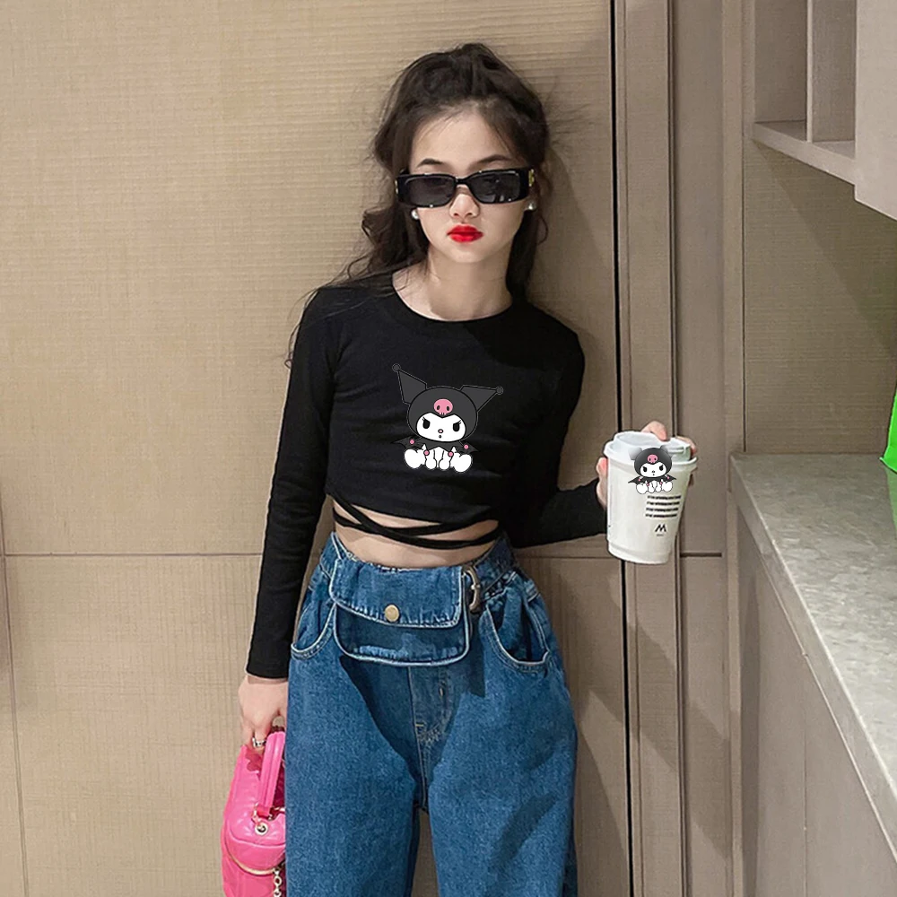 Anime Sanrioed Kuromi Girls T Shirt Top with Straps Cross Teenage Tee Shirt Korean Version Kids Clothes Fashion Kids Crop Top