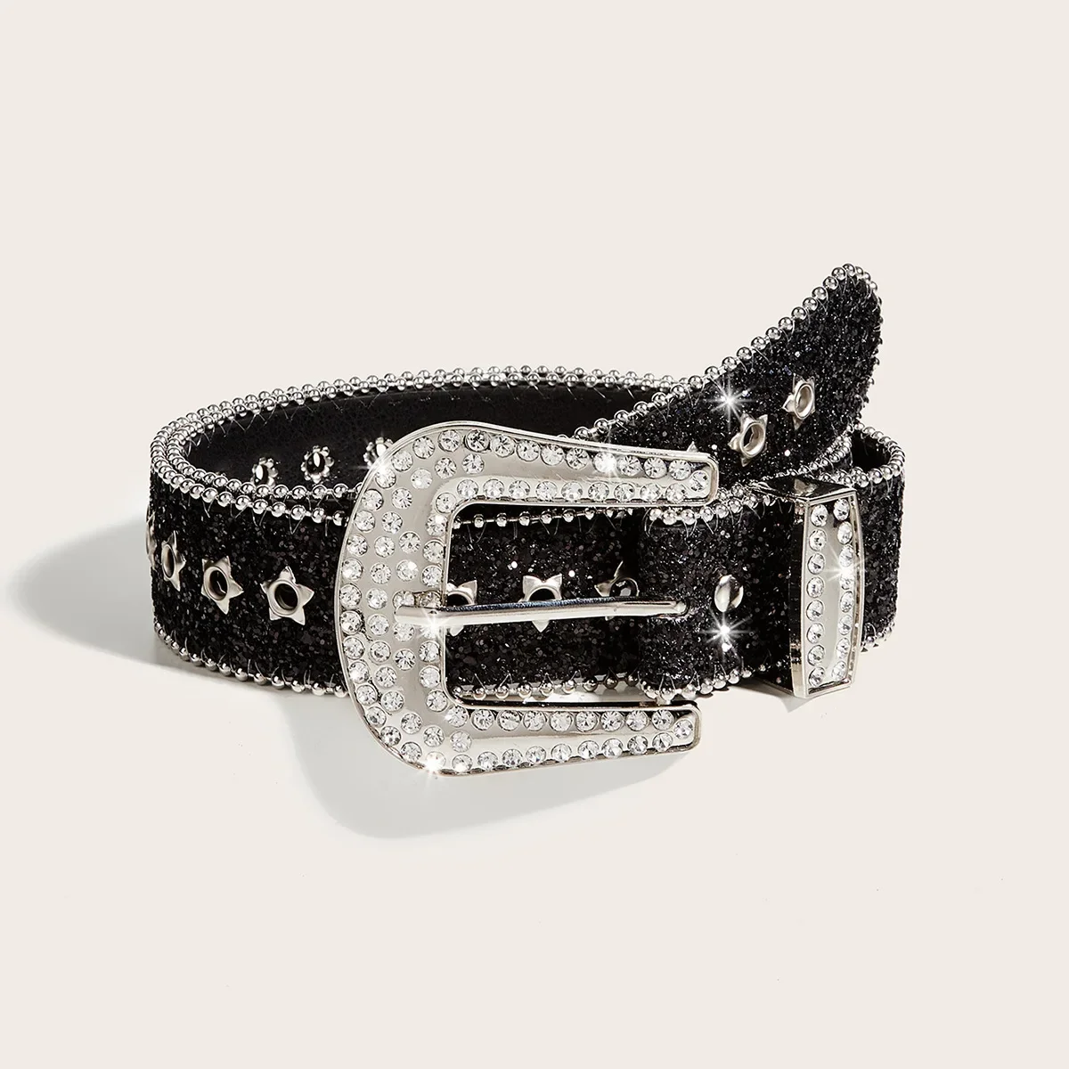 Ceinture en biscuits noir pour femme, ceinture à paillettes argentées, ceinture Y2K, ceinture de vêtements, ceinture tendance, jeans personnalisés, largeur 3.8cm