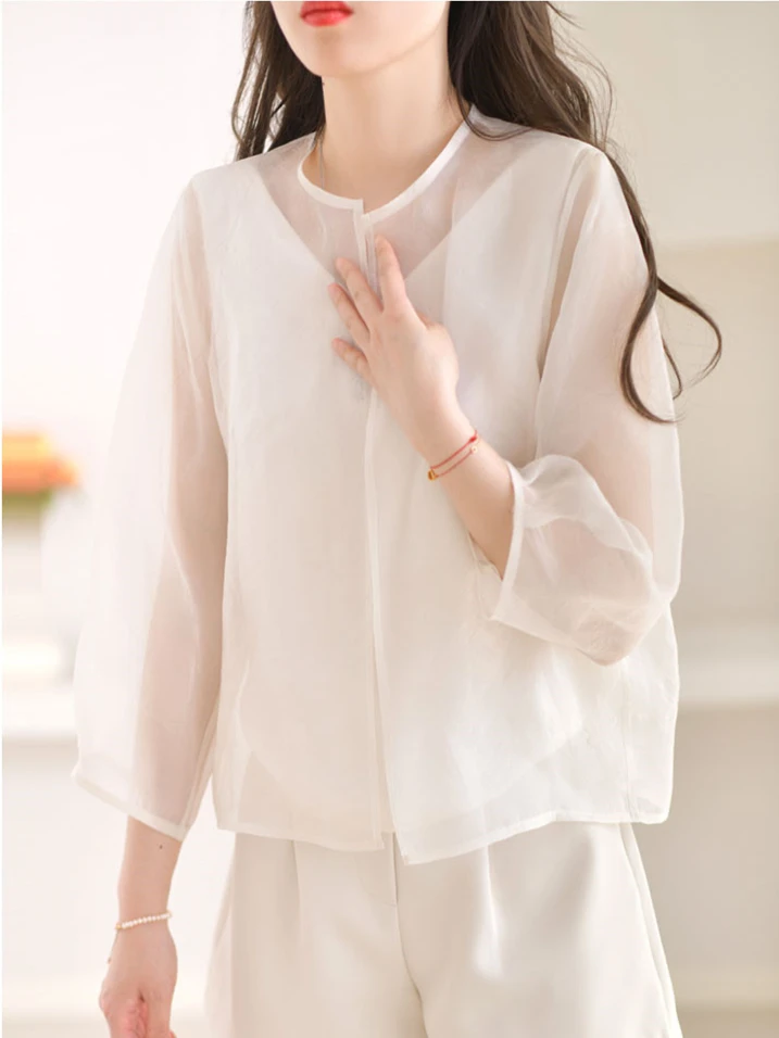 New Spring Women Rayon Shirts Round Neck Three Quarter Sleeves Fresh Simplicity Solid Color Cardigan Temperament Thin Outwear