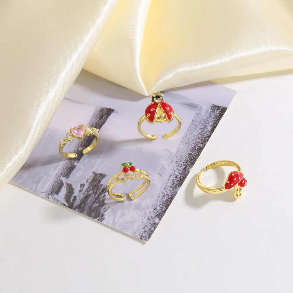 OCESRIO Red Enamel Ladybug Mushroom Statement Women Rings Copper Gold Plated CZ Heart Open Ring Women Fashion Jewelry rigp50