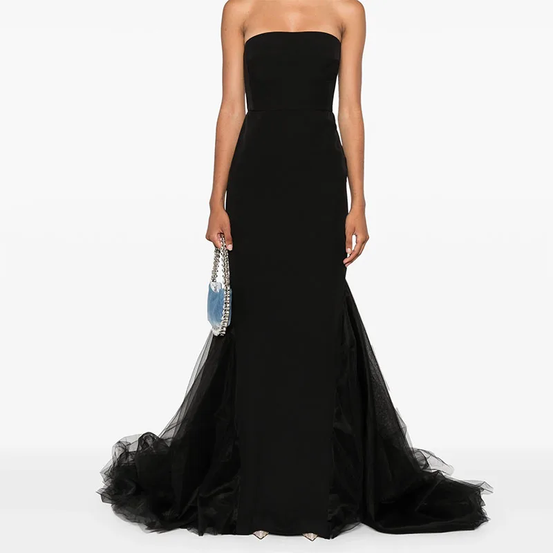 

Sexy Strapless Sleeveless Evening Dress Black Straight Draped Floor-Length Prom Dress Customize Special Occasions 2024