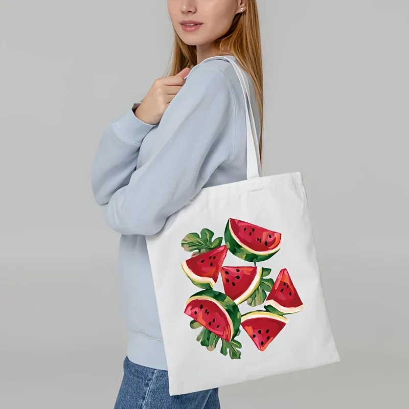 Fashionable Watermelon Printed Canvas Tote Bag, Spacious and Reusable Shoulder Bag, Suitable for Travel and Shopping