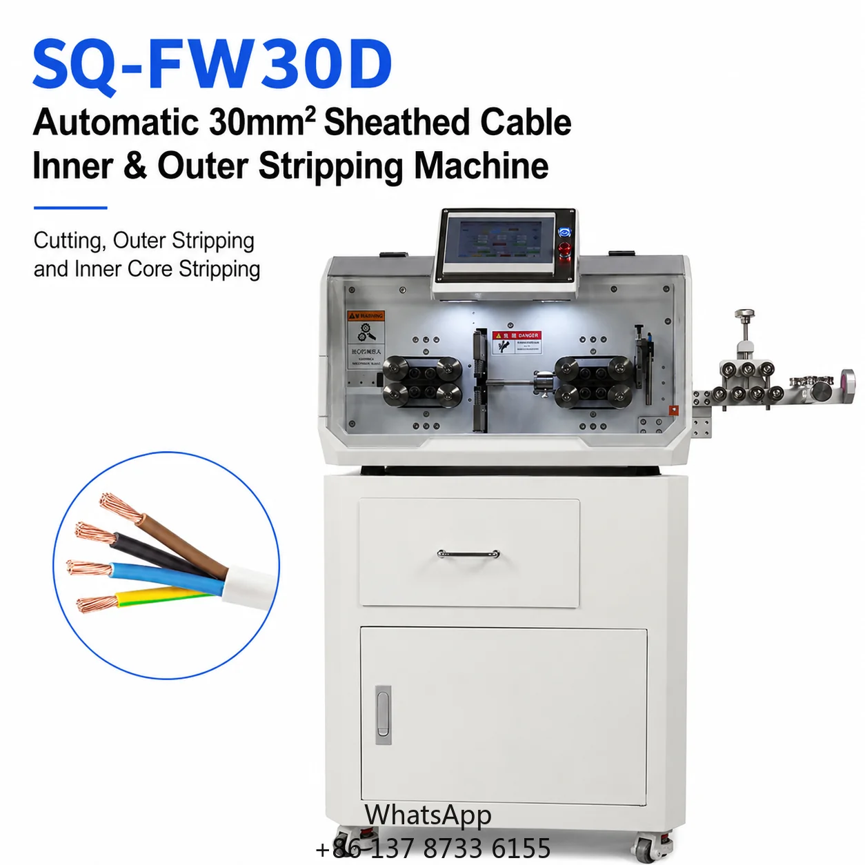 SQ-FW30D Multi-Core Cable Cutting Stripping Machine 0.75-30 Sq Mm 18 Mm 16-Wheel HMI For Sheathed Cable Outer Inner Stripping