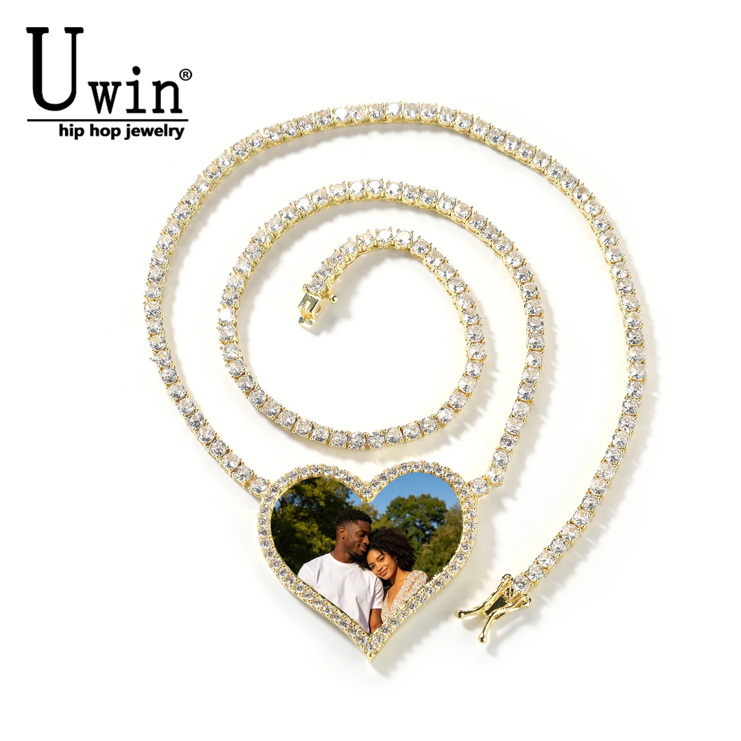 Uwin Custom Heart Photo With 3mm Tennis Chain Necklace Men Charm HipHop Bling Iced Out Jewelry Solid back For Gift