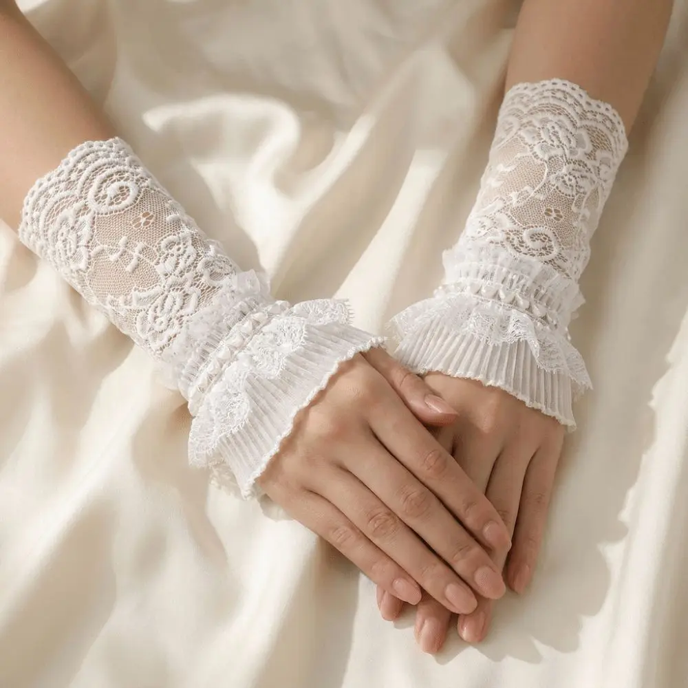 

Elegant Lace Trim Lace Arm Sleeves Ruffle Cuffs Mesh Fingerless Gloves Breathable See-Through Decorative Gloves Women