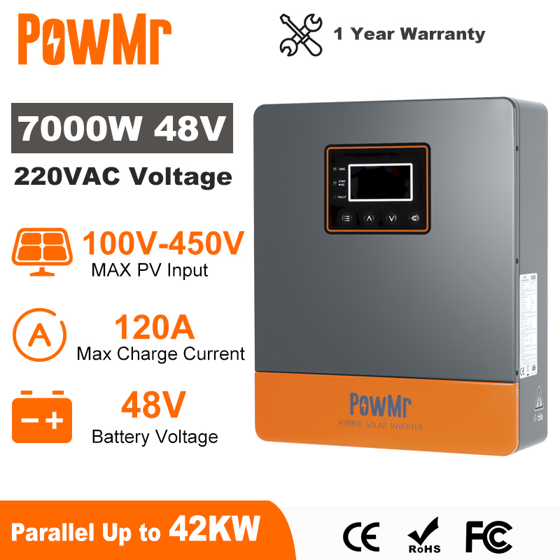  PowMr 7KW Hybrid Solar Inverter 48V 220V Off Grid Inverter WIFI BMS with MPPT 120A Solar Battery Charger Parallel Up To 6 Units 