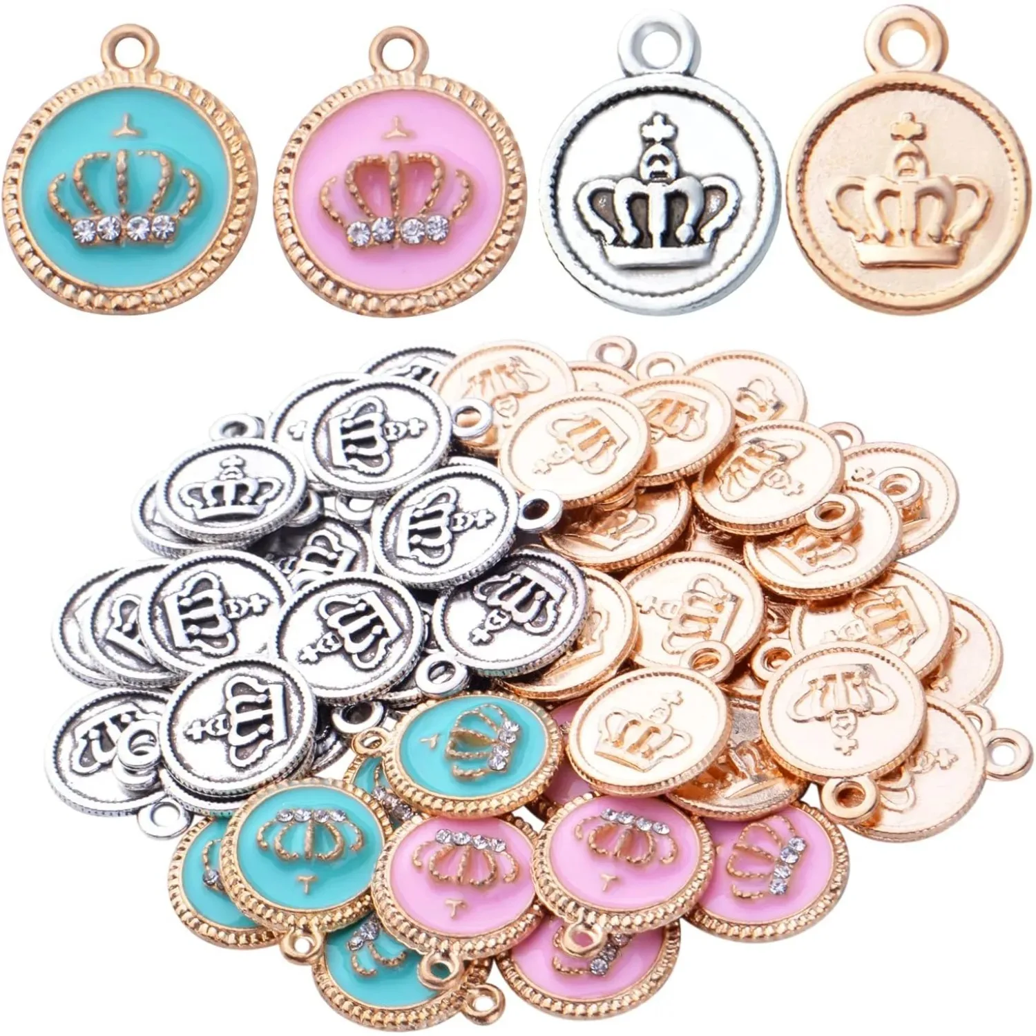 

50pcs Diamond Round Crown Charms King Crown Pendant Charm Enamel Crown Bead Charms for DIY Necklace Bracelet Jewelry Making