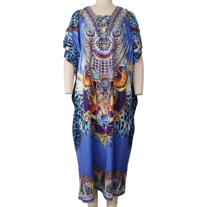 Boho Retro Blue Leopard Print Costume da bagno da donna Cover Up Summer Outing sexy Wrap Beach Dress Beachwear Kimono