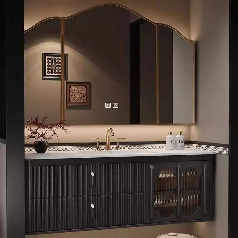 

Floor-to-ceiling bathroom cabinet combination ceramic integrated basin LED mirror waterproof vanity
