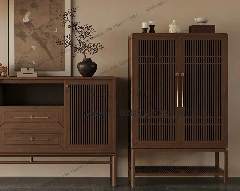 

New Chinese ash wood porch walnut solid wood storage is customized against the wall side cabinet