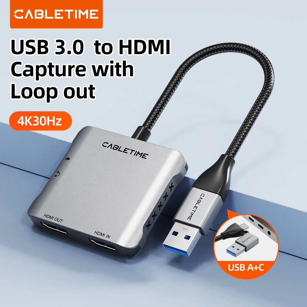 بطاقة التقاط الفيديو CABLETIME USB 3.0 إلى التقاط HDMI مع حلقة مخرج 4K @ 30 هرتز لألعاب USB/Type-c PS5 تبديل بث الفيديو