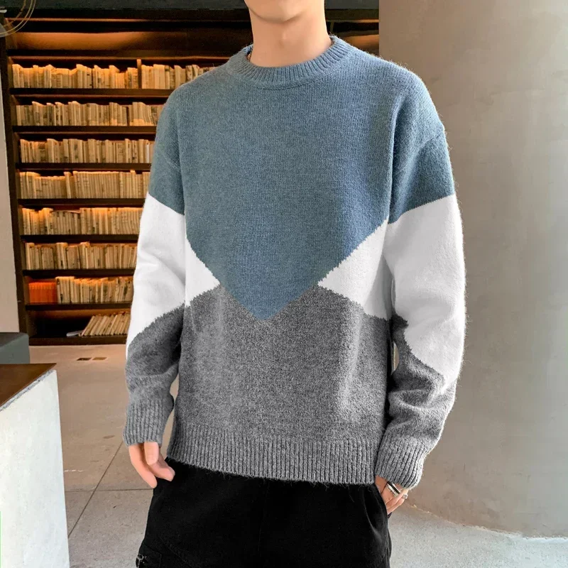 

New Big Kids high-quality Outdoor Fashion Trend Color Blocked Knitted Sweater For Winter Loose Warm Round Neck Casual Sweater