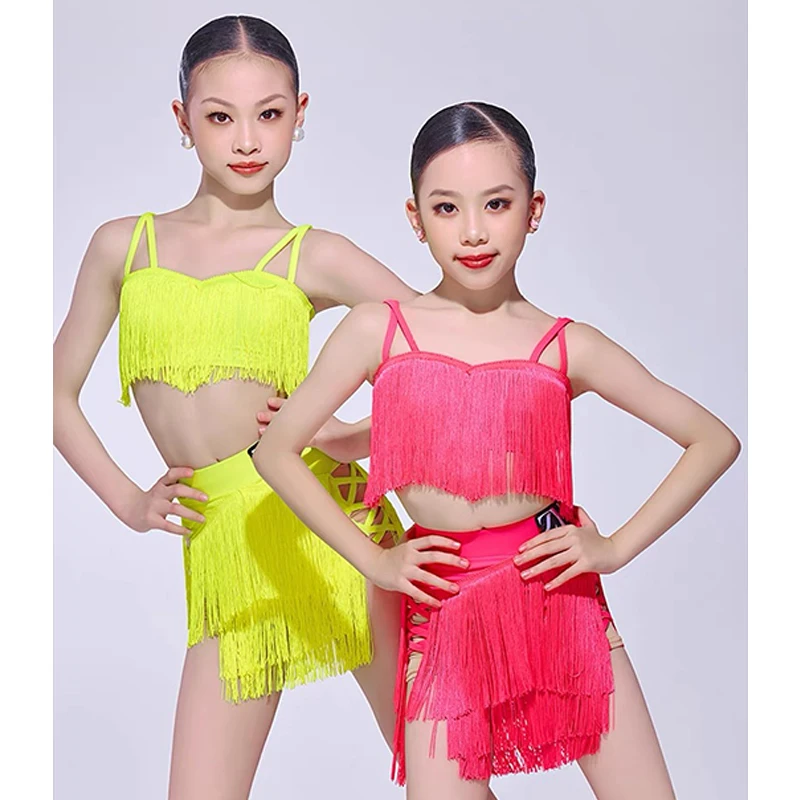 Latin Dance Clothes Kids Girls Summer Yellow Pink Fringe Performance Costume Cha Cha Dance Competition Dress Rumba Sets DNV20847