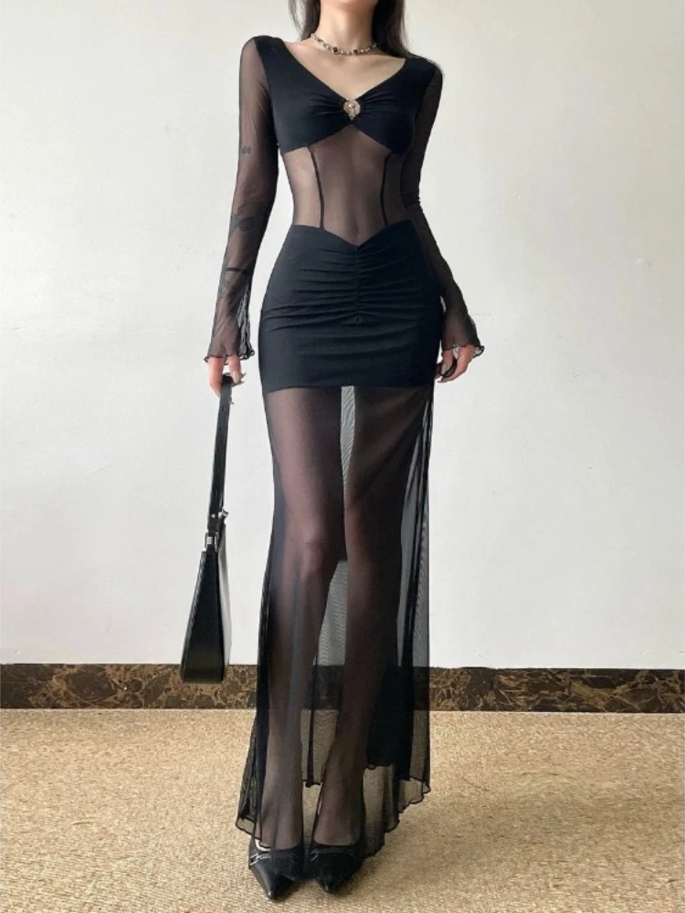 Sexy ver através de malha retalhos vestidos fino ajuste com decote em v vestido de manga longa para as mulheres 2025 verão novo bodycon vestidos de mujer