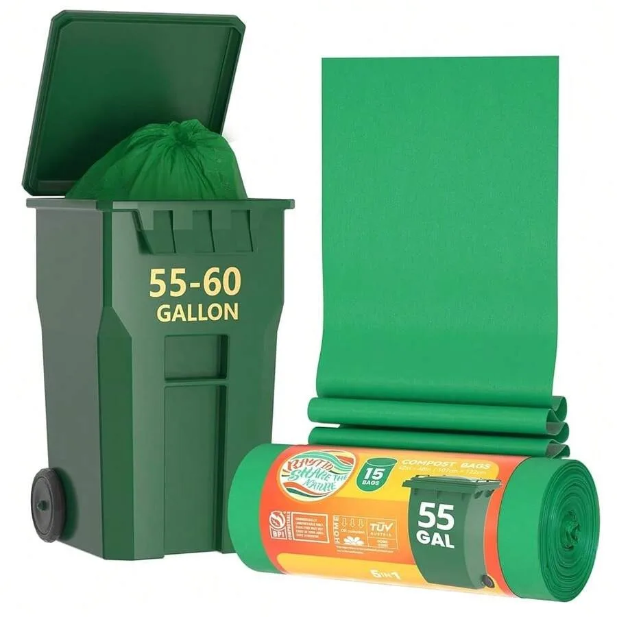 

55-60 Gallon Compostable Trash Bags Liners, Heavy Duty Extra Thick 1.57 Mil, 208.2 Liter, 15 Bags, Lawn, Yard, And Restaurant U