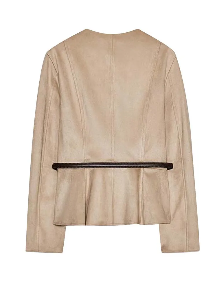 Femmes Vintage veste en daim 2025 automne nouvelle mode col rond à manches longues avec ceinture manteau femme haute rue à manches longues nouvelles vestes