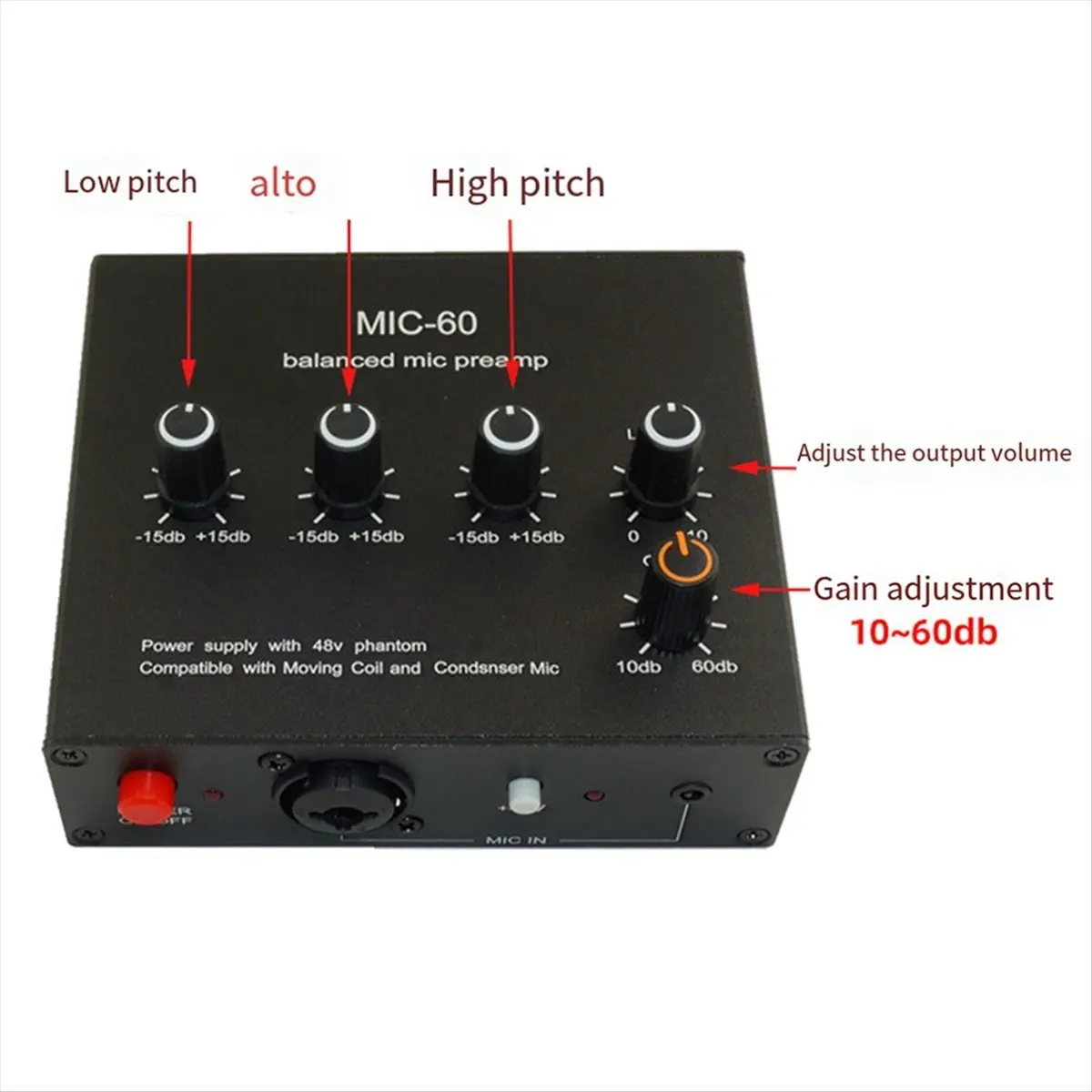 (BOFF) Balanced Dynamic Microphone Amplifier Music Audio Amplifier MIC-60 with 48V Phantom Power with 3.5mm Cable