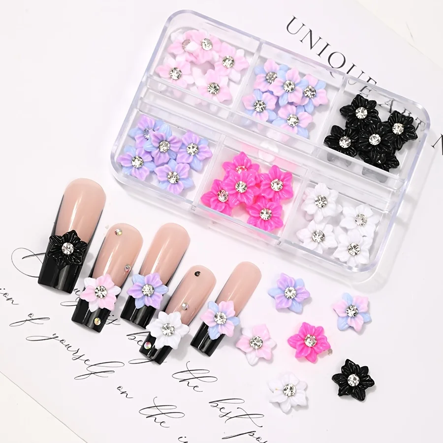 1 Box 6 Grids 3D Flower Nail Charms Mixed Color Floral Nail Ornaments With Rhinestone Center Sweet Multi Color Nail Art Decor for DIY Manicure Salon