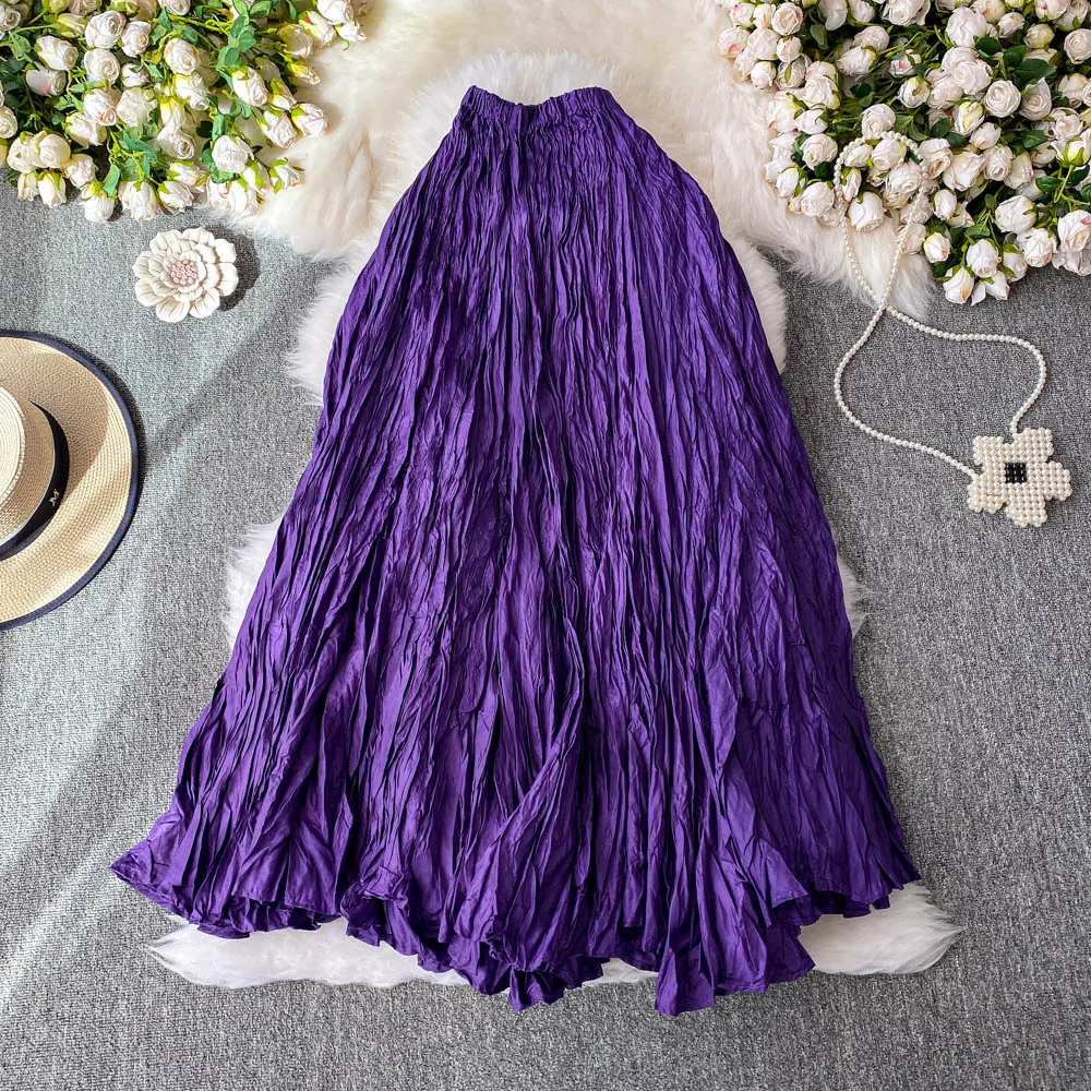 

Solid Irregular Folded Pleated Long Skirt Women Fashion Elastic High Waist Dance Party Beach Skirt 2025 New Spring Summer Autumn