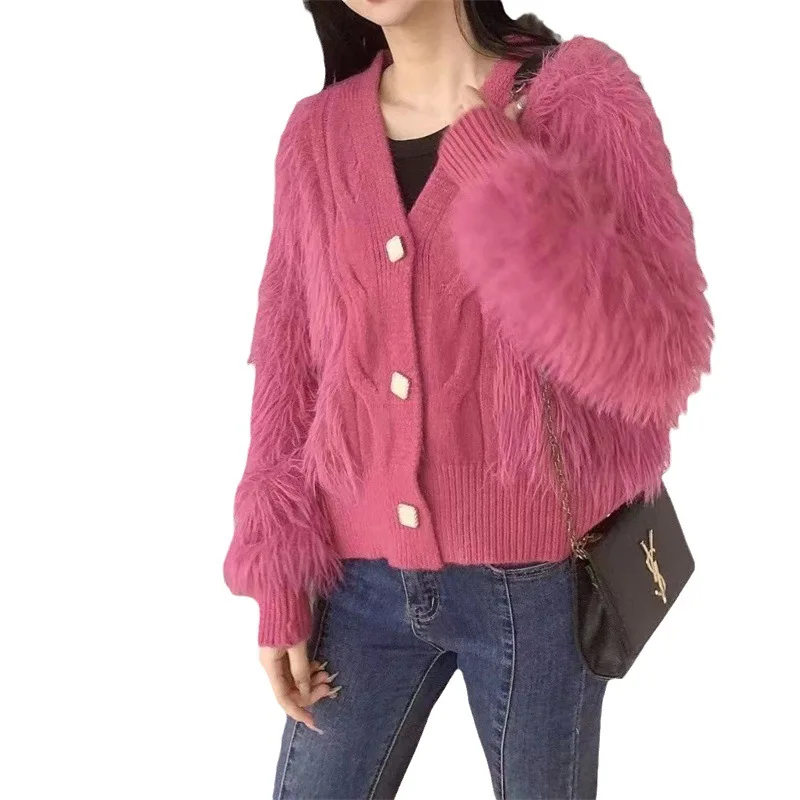 Cardigan Imitation Mink Velvet Knitted Autumn and Winter New Loose Solid V-neck Sweater Women Coat