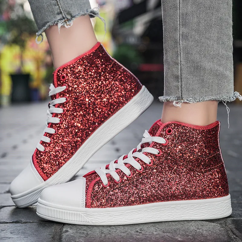 Luxury Red Designer Shoes Women High top Sneakers Lightweight Women\'s Vulcanized Shoes Fashion Glitter Sneakers Woman Size 41