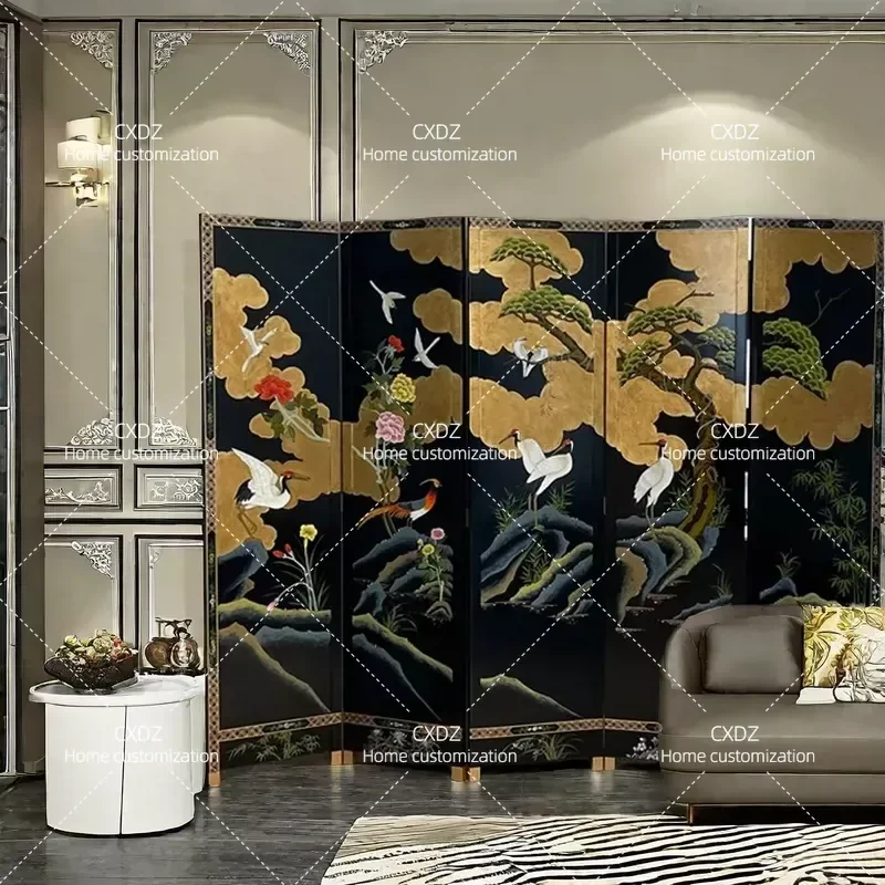 Retro Hand Painted Lacquer Folding Screen Black Background with Crane Pine and Gold Foil Decorative Room Divider for Living