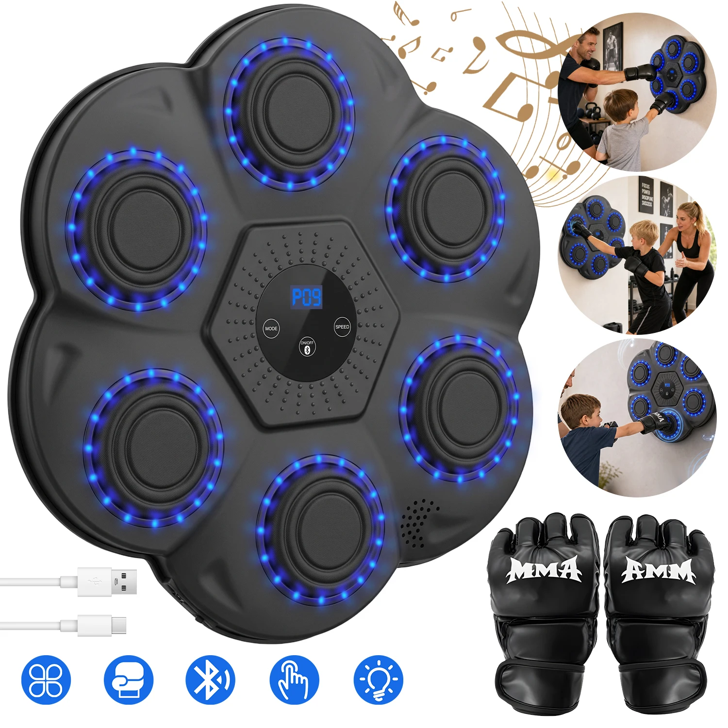 Machine de boxe musicale intelligente avec gants, 9 modes de vitesse, Bluetooth, montage mural, musique, cible de boxe à hauteur réglable