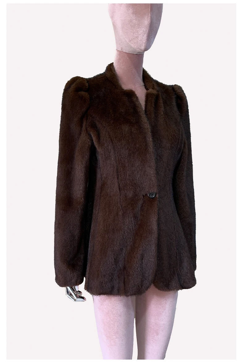 Nerazzurri Winter Short Brown Thick Warm Soft Fitted Faux Mink Fur Coat Women Single Button Elegant Luxury Chic Fluffy Jacket