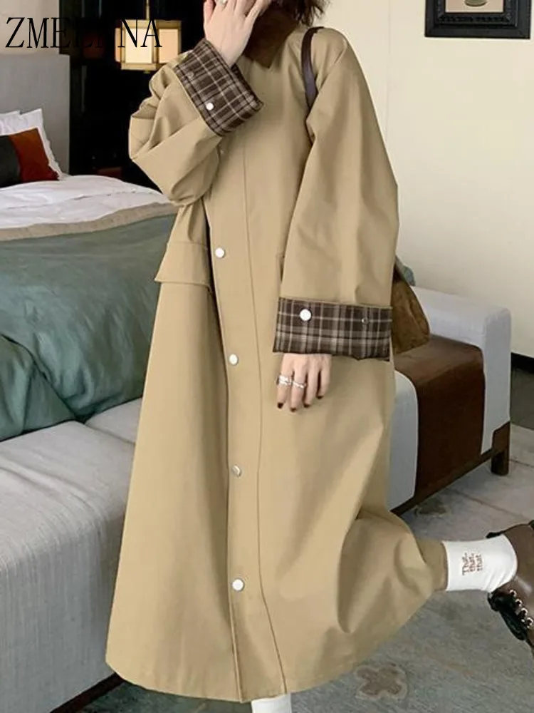 

ZMEENNA Khaki Long Trench Coat For Women With Classic Collar Plaid Cuff Lining Detailing Stylish Loose Fit Outerwear ZM4140