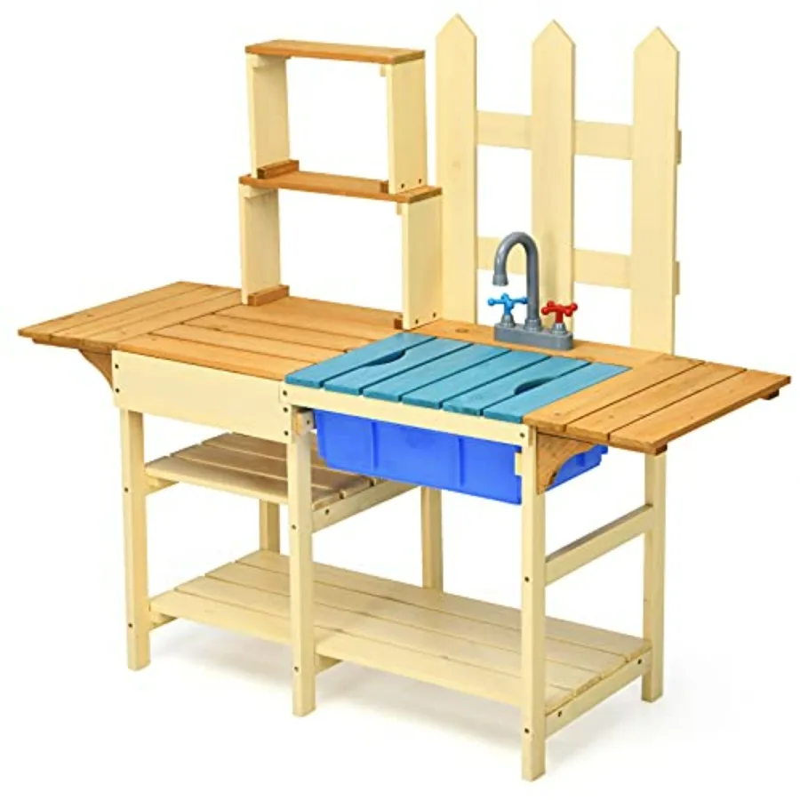 

Outdoor Wooden Pretend Play Kitchen with Removable Sink Faucet Storage Shelves Mud Table for Ages 3+ Brown Functional Design Du
