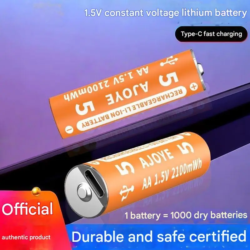 Fast Charging 1.5V 2100mWh AA Rechargeable Battery USB Type-C Rechargeable Li-ion Battery for Remote Control Electric Toys Mouse
