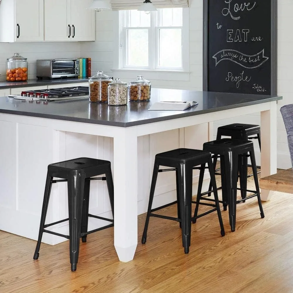 Set of 4 Counter Height Metal Bar Stools,Indoor/Outdoor Stackable Bartool Industrial High Backless Stools Black