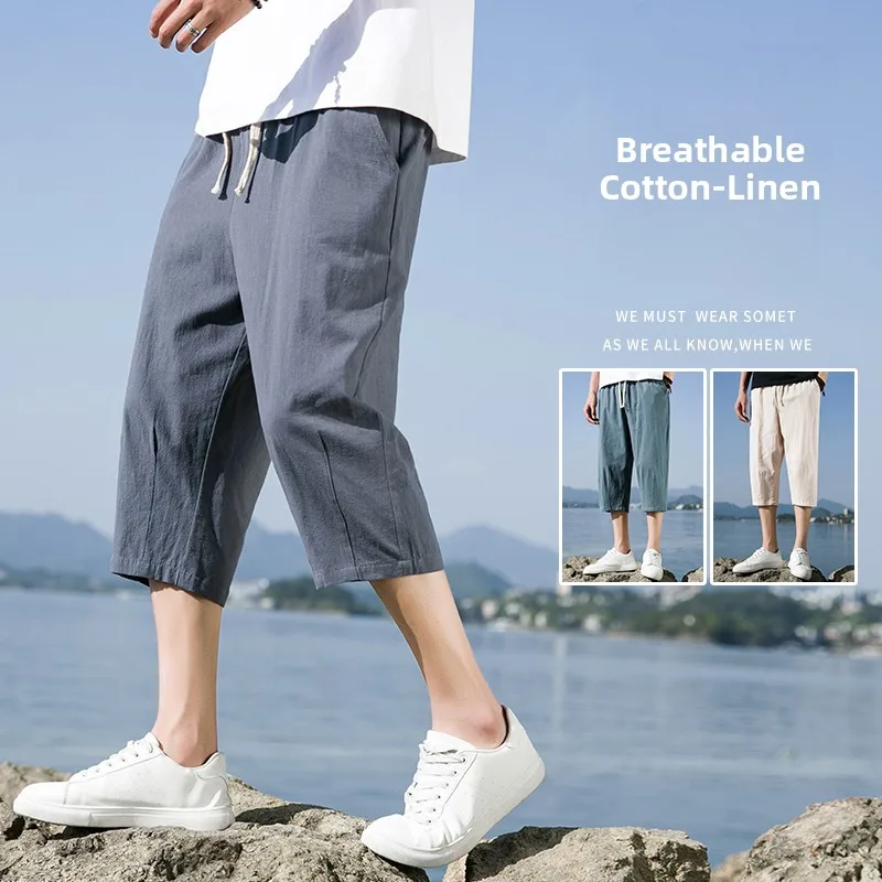 

Cotton Linen Men's Summer Casual Pants Loose Fit Thin Straight Leg Seven-Foot orts Youthful Vitali Sle Spor Trousers
