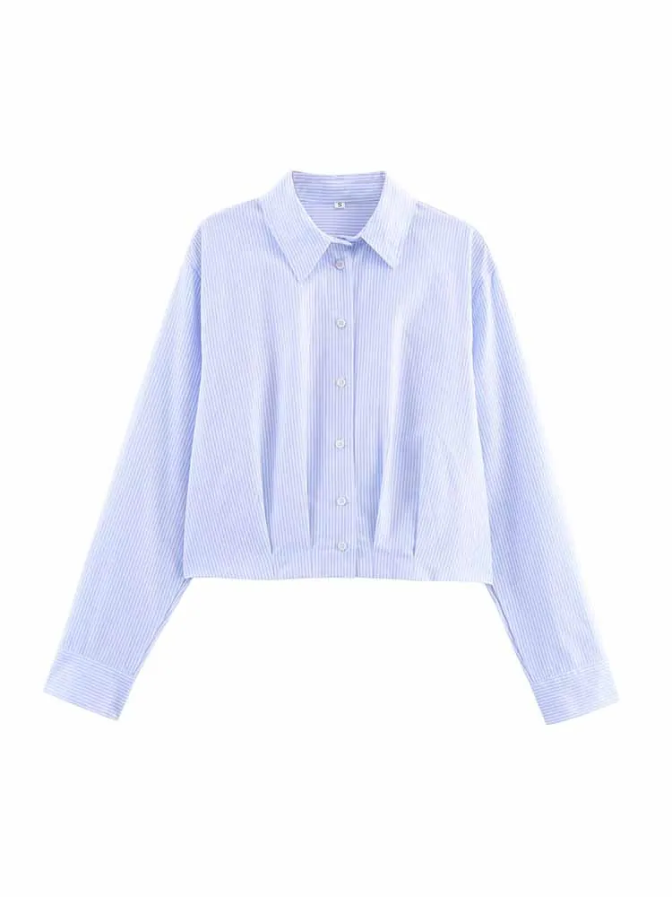 

Европейский и американский стиль, осенняя новая модная женская повседневная темпераментная простая плиссированная полосатая короткая рубашка с талией