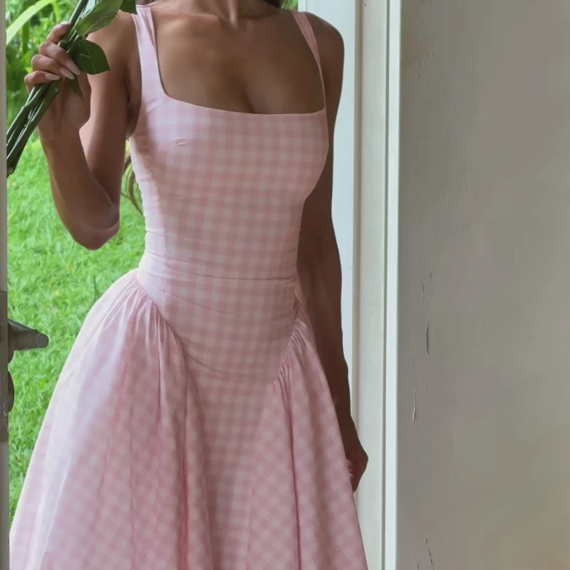 YUZHEXI ヴィンテージスリムウエストチェック柄ギンガムドレス女性スクエアタンクローブエレガントなパーティー傘ドレス