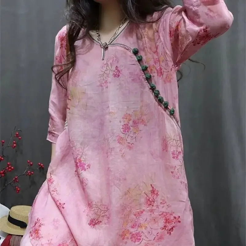 Chemisier à fleurs rose à col rond pour femmes, chemises Ramie, demi-manche, décontracté, mode estivale, niche, nouveau