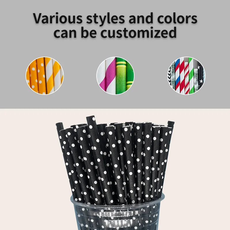 

6*197MM Black & White Polka Dot Bulk Blowholes Cocktail Size Eco-Friendly, Compostable, Long-Lasting Paper Straws--100 PCS