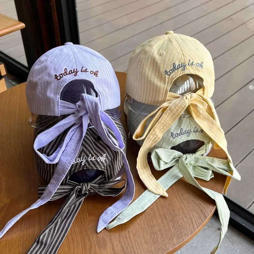 

Creative Letter Embroidery Baseball Cap Bow Ribbon Design Y2K Striped Baseball Hat Sweet Sunscreen Cotton Baseball Cap Street