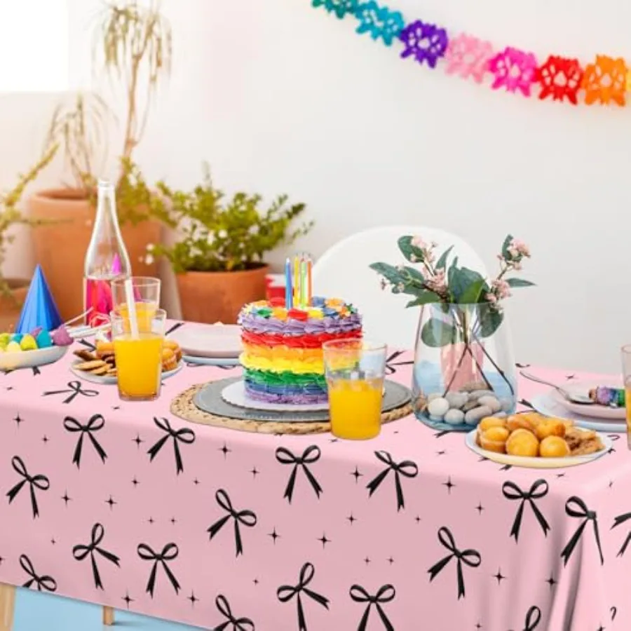 Nappe à nœud rose, 3 pièces, décor de Table à nœud noir, Coquette, décorations d'anniversaire, fournitures de fête imperméables jetables noires pour filles