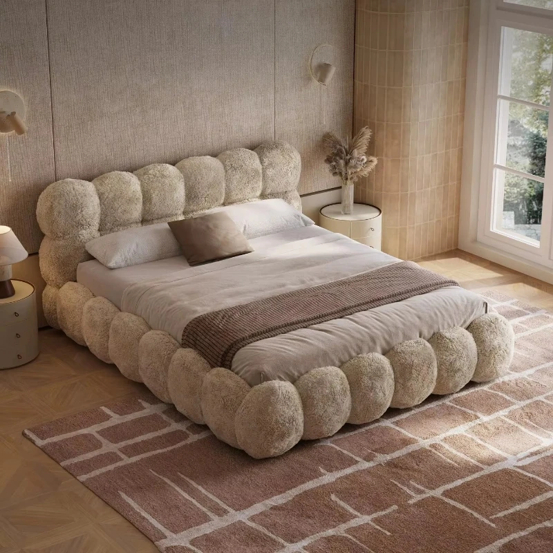 Italian simple master bedroom upholstered bed, Yutao wool double bed, modern simple bubble bed.