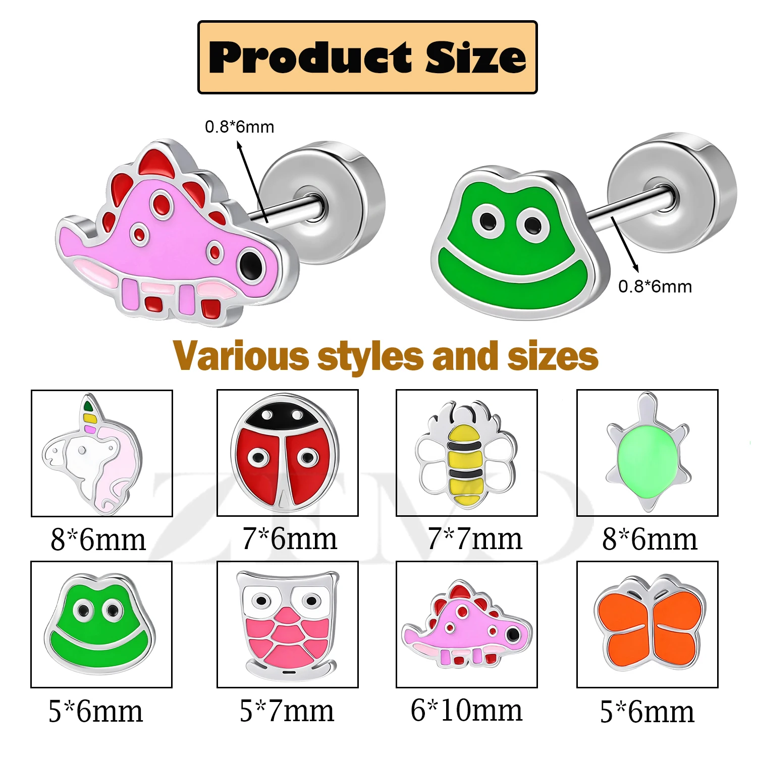 ZEMO 1 Pair 316L Stainless Steel Cute Stud Earrings Colourful Butterfly Bee Frog Ladybug Ear Stud Cartilage Earring Piercing 20G view 2