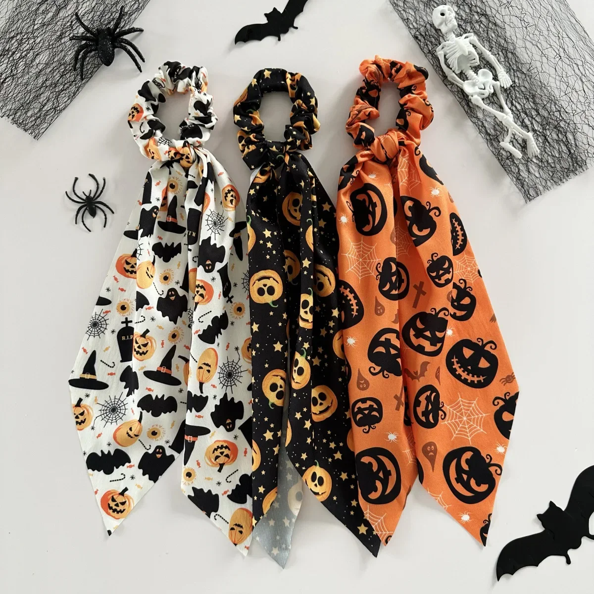 Halloween Ribbon Scrunchy New Funny Pumpkin Satin Print Ponytail Hair Tie for Women Hair Accessory Sturdy