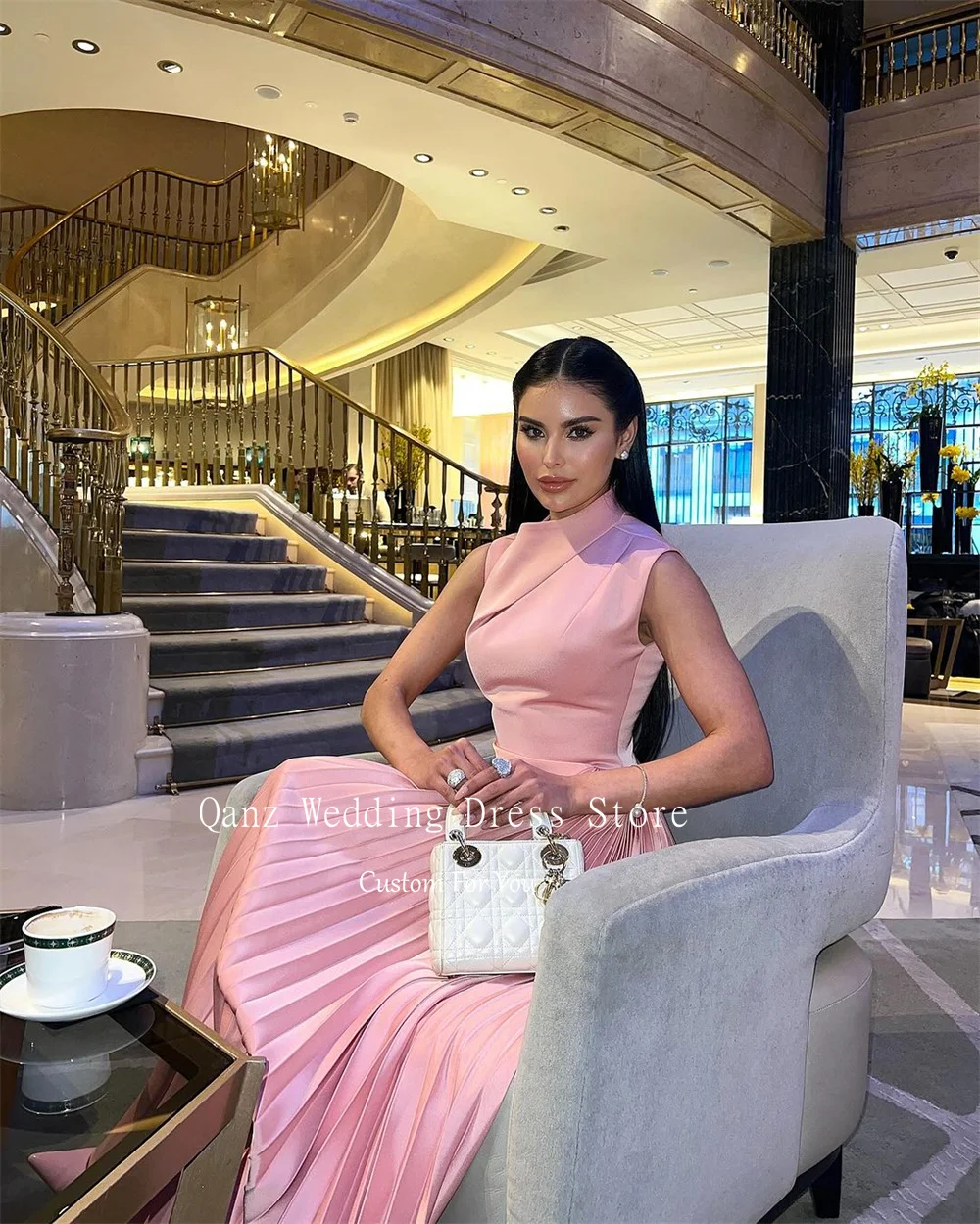 Qanz Modest Pink Evening Dresses Satin Tea Length Evening Dresses Tiered Celebrity Party Dresses Dubai Abendkleid Customized