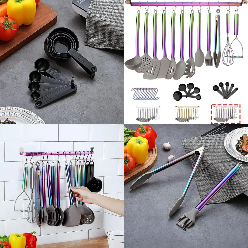 

Rainbow 38-Piece Silicone Kitchen Utensil Set with Rack, Stainless Steel Handles, Non-Stick, Dishwasher Safe