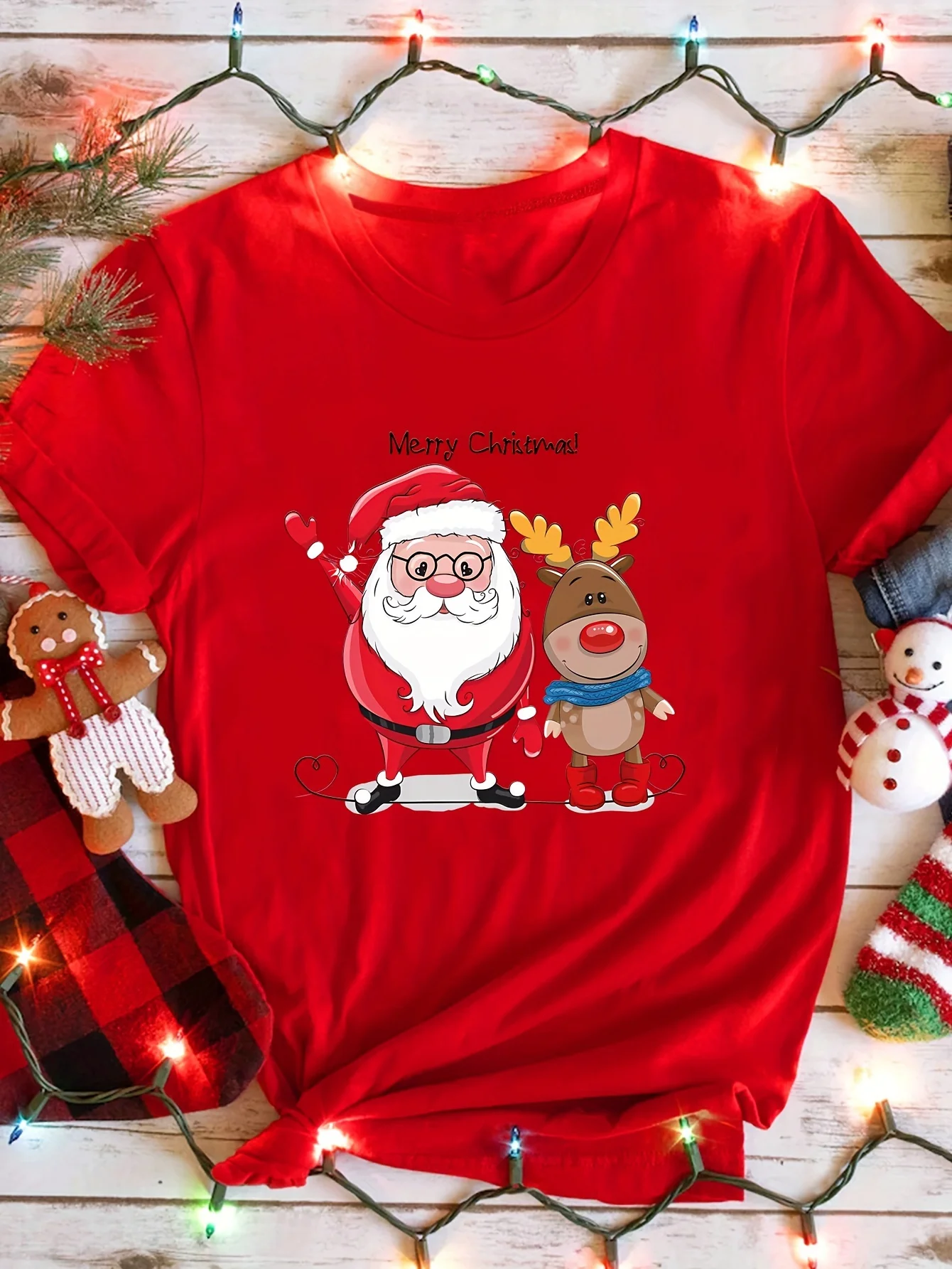 Festive Holiday-Themed Women's Santa and Reindeer Print Casual Short Sleeve Crew Neck Top Harajuku Short Sleeve