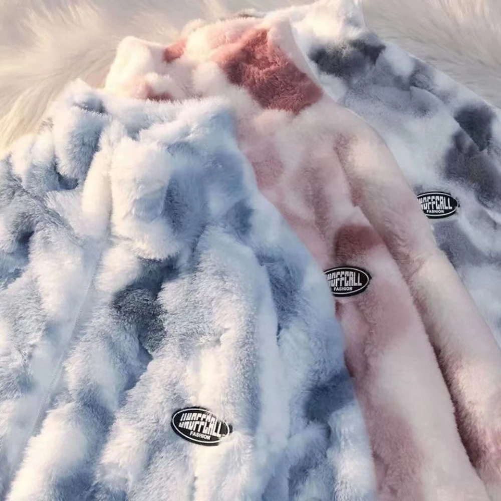 Teddy Jacket Woman Zipper Jacket Real Rabbit Fur Coat Streetwear Warm Jacket Thickening Warm Winter Coat Tie Dye шуба женская